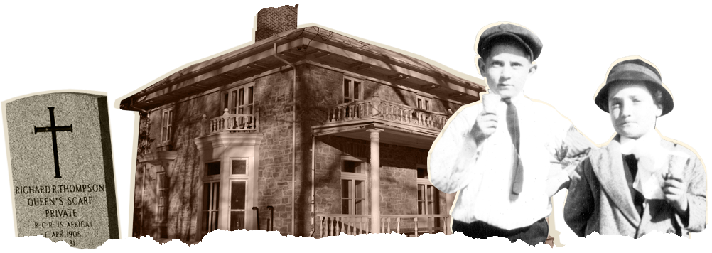 Pierre tombale : Michel Riberdy // Maison Scott-Fairview : Michel Riberdy // Enfants mangeant de la cr&egrave;me-glac&eacute;e : Ald&egrave;ge et Eugile Deslauriers,  [192-?]. Centre r&eacute;gional d'archives de l'Outaouais. Fonds famille Wilfrid Deslauriers (P56). Photographe inconnu.